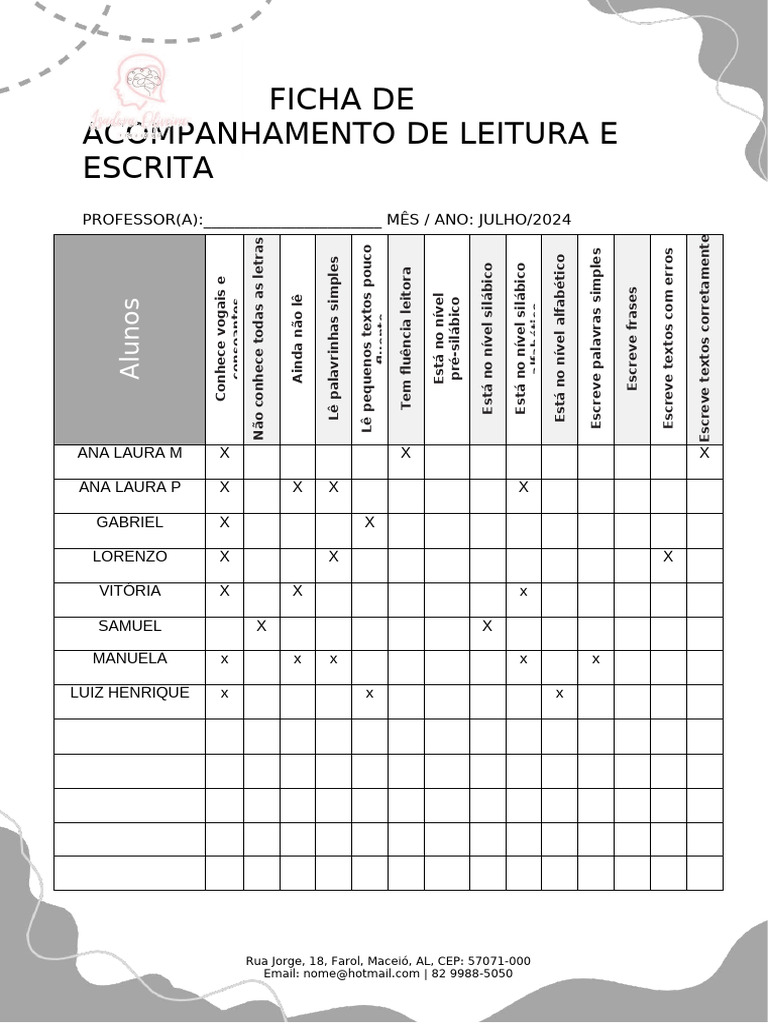 Ficha de Acompanhamento de Leitura e Escrita Preto e Branco | PDF