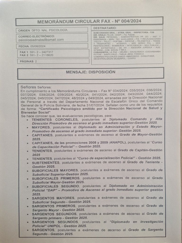 Memo Fax 004 2024 | PDF | Oficial no comisionado | Sargento