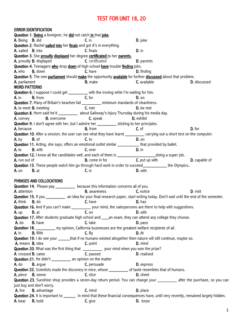 U18/20 Error Identification Test | PDF | Literacy