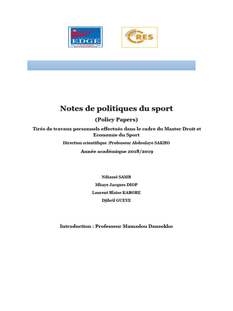 Document de Synthese Des Notes de Politiques Du Sport | PDF