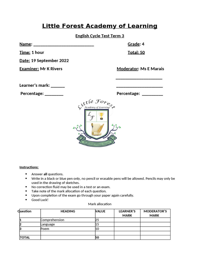 Grade 4 Cycle Test Term 3 Pdf