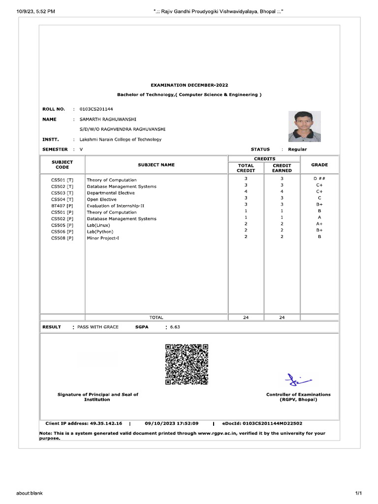 5th Sem Marksheet | PDF