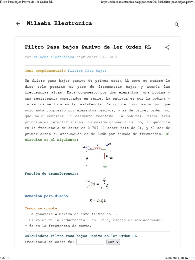 Filtro Pasa bajos Pasivo de 1er Orden RL | PDF