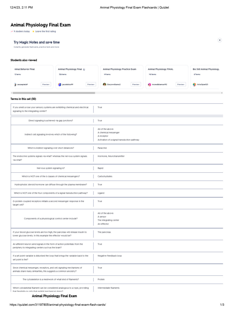 Animal Physiology Final Exam Flashcards - Quizlet | PDF