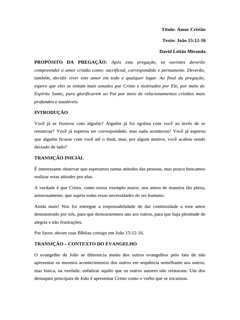 Pregação Escrita (Jo 15.12-16) | PDF