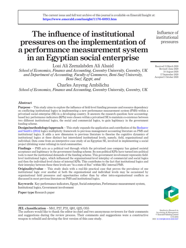 (2020) The Influence of Institutional Pressures On The Implementation ...