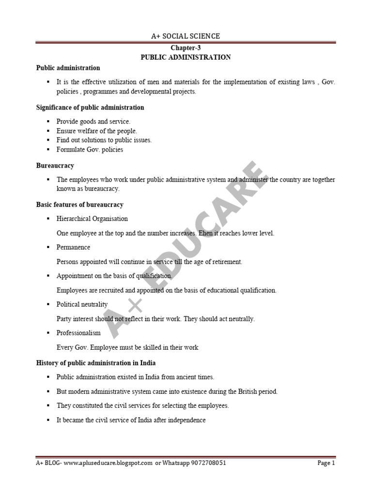 A+ Blog SSLC Social Science I Chapter 3 Public Administration PDF Note ...