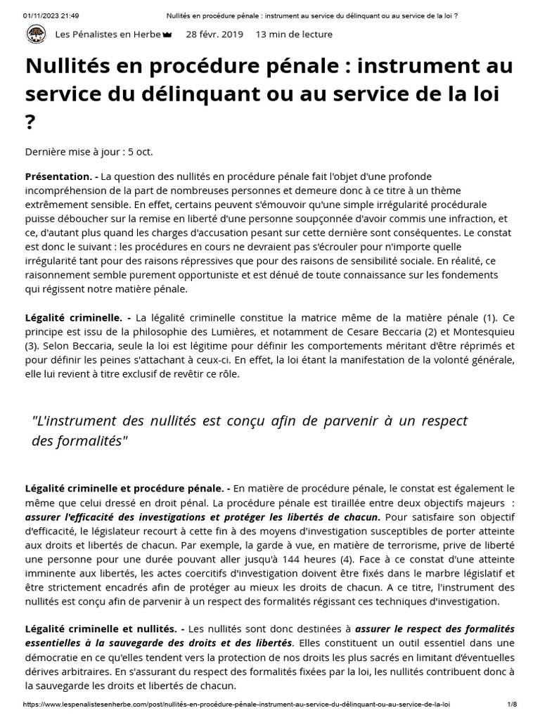Nullités en Procédure Pénale - Instrument Au Service Du Délinquant Ou ...