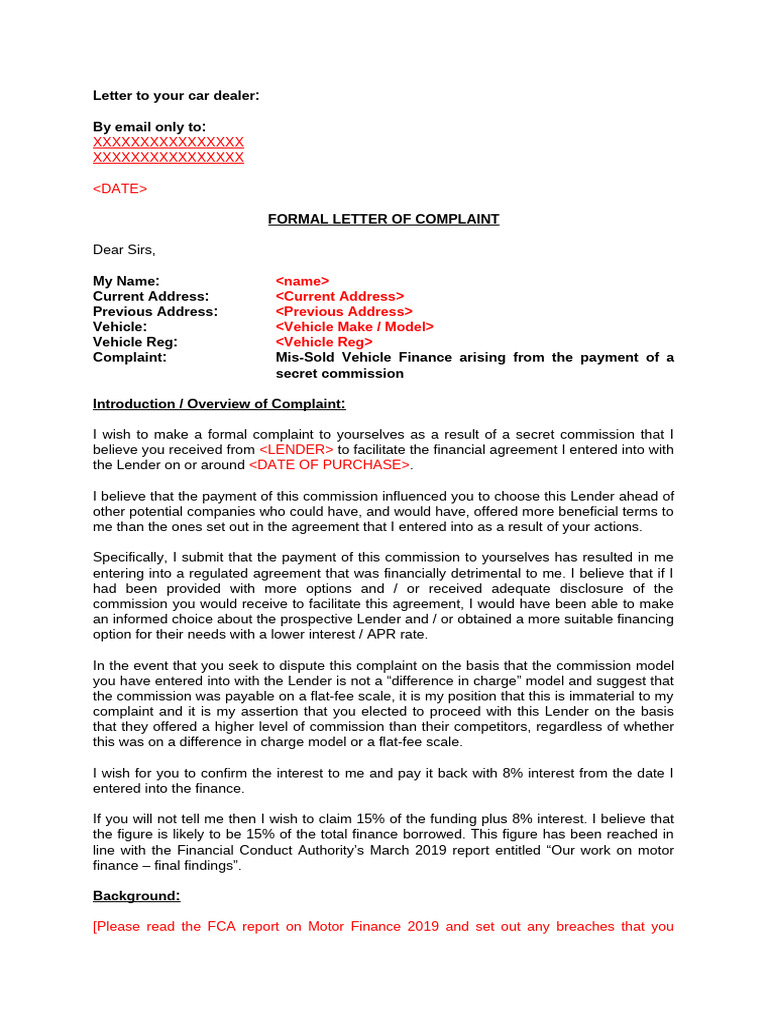 Letter of Complaint To Car Lender | PDF