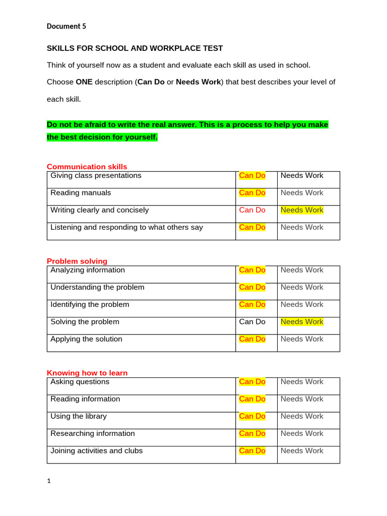 Skills Assessment for School and Work | PDF | Psychology ...
