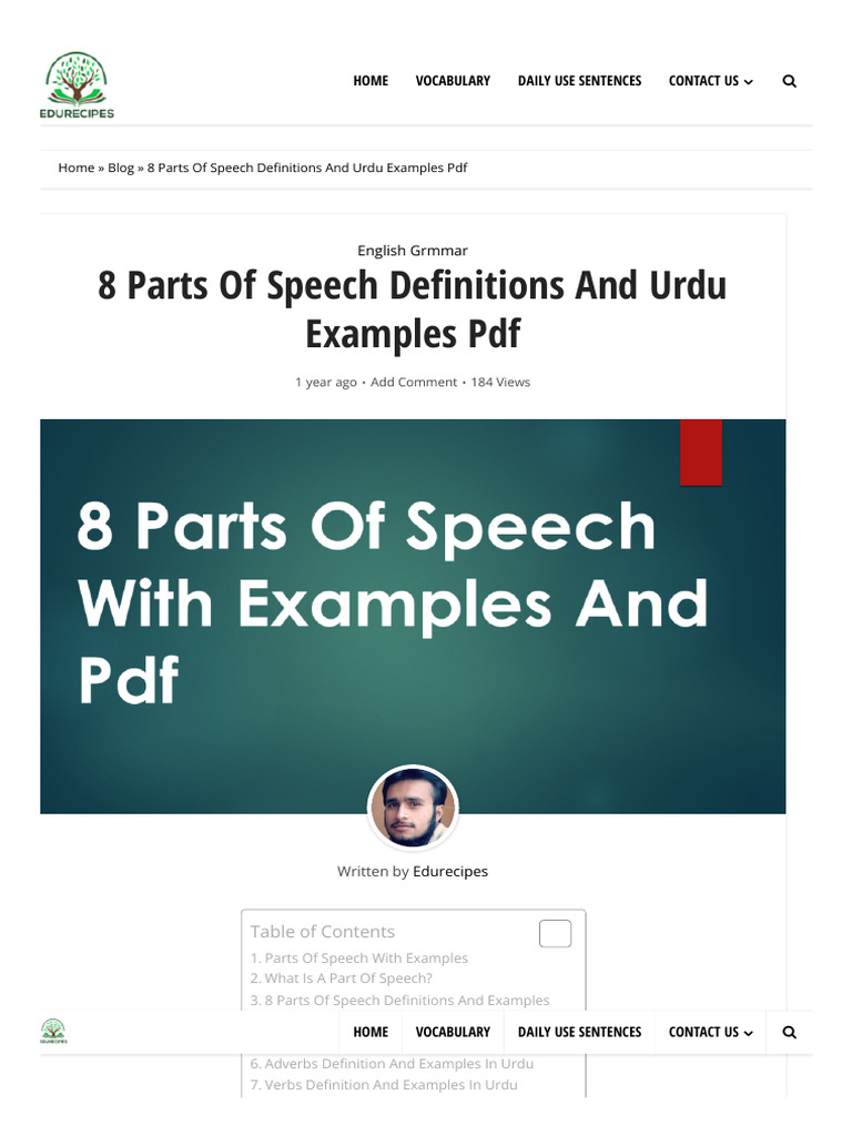8 PARTS OF SPEECH DEFINITIONS AND EXAMPLES PDF IN HINDI visual data 5