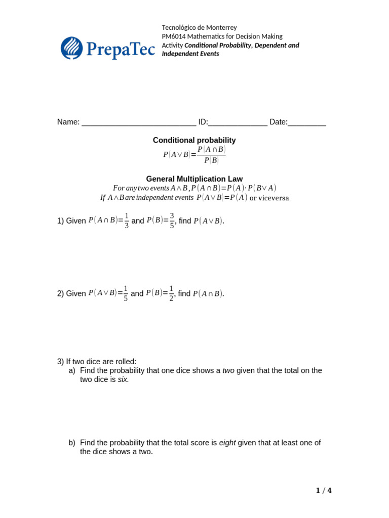 Assign. Conditional Probability and Dependent and Independent Events | PDF