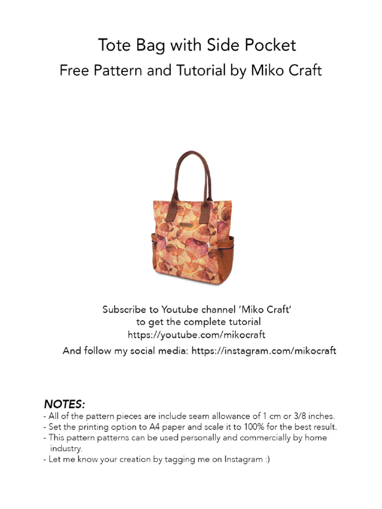 Tote Bag With Side Pocket - Free Pattern and Tutorial by Miko Craft | PDF
