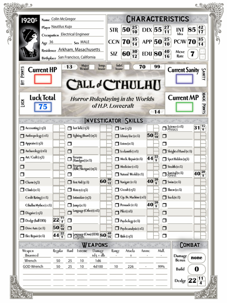 Character Sheet - 1920s - Basic Autocalc - Call of Cthulhu 7th Ed | PDF