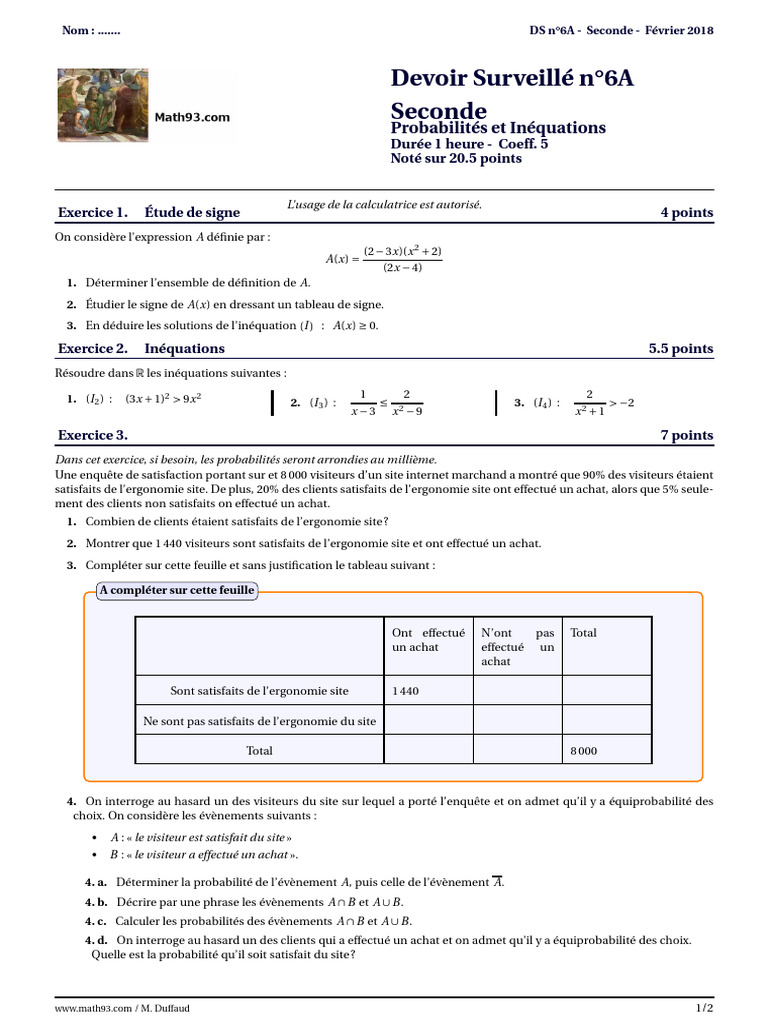 DS6A Seconde 2017 2018 Probabilites Inequations | PDF