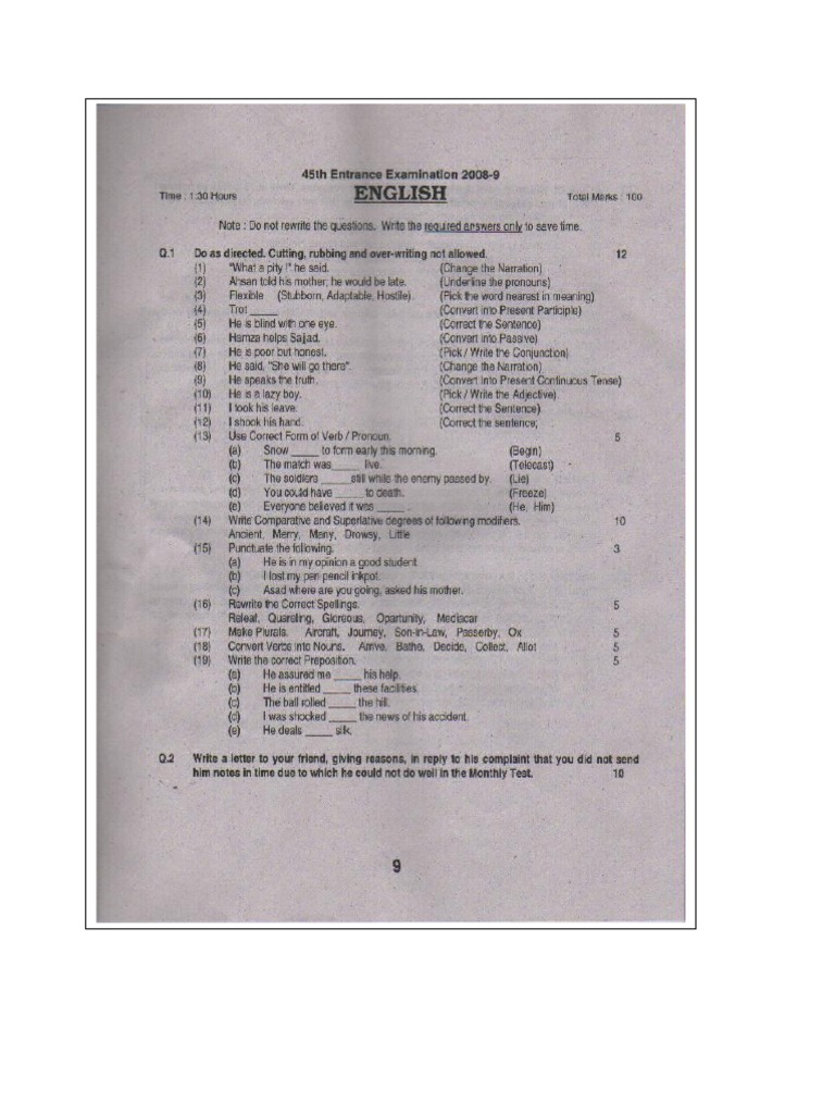 Cadet College Kohat Entrance Test PDF