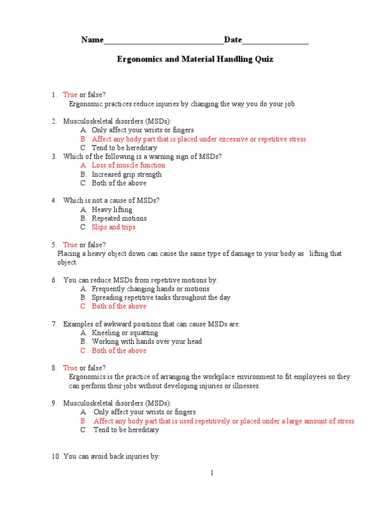 Ergo MSD Quiz Answers PDF Musculoskeletal Disorders Diseases And