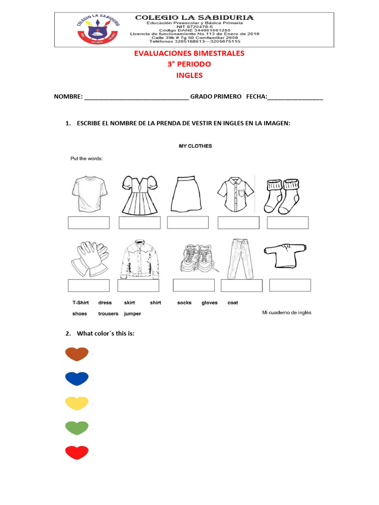 Evaluacion de Ingles Grado Primero | PDF