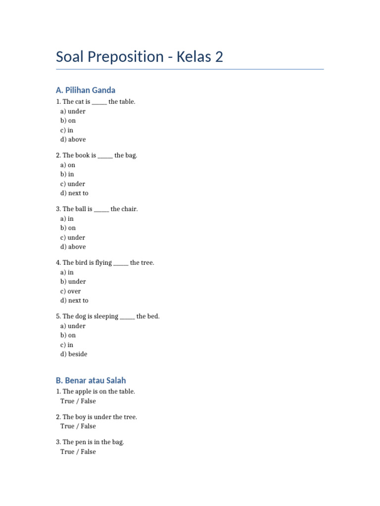 Soal Preposition Kelas 2 | PDF