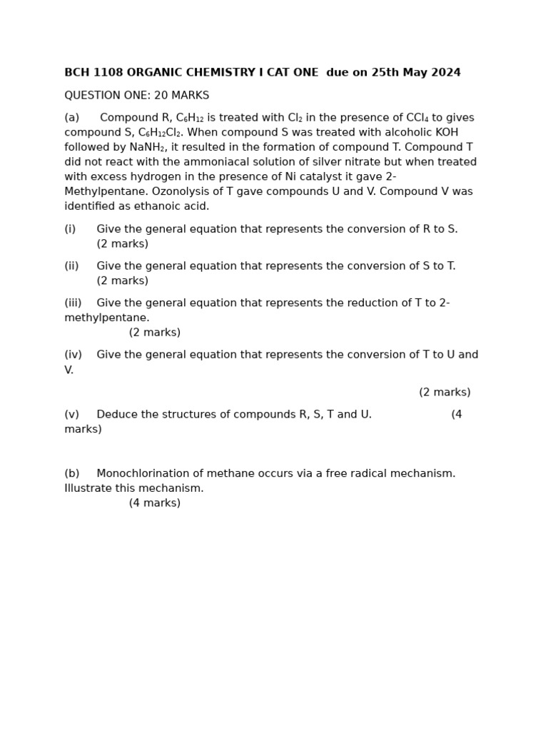 BCH 1108 Organic Chemistry I Cat One | PDF | Science & Mathematics
