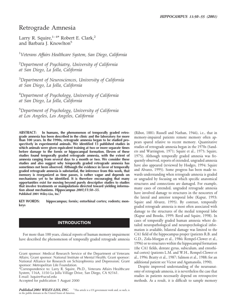 Retrograde Amnesia: Larry R. Squire, Robert E. Clark, and Barbara J ...
