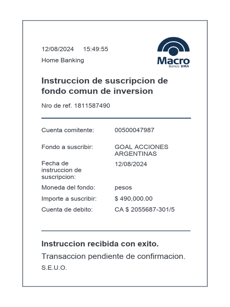 Comprobante Suscripcion Fondos Comunes Inversion | PDF