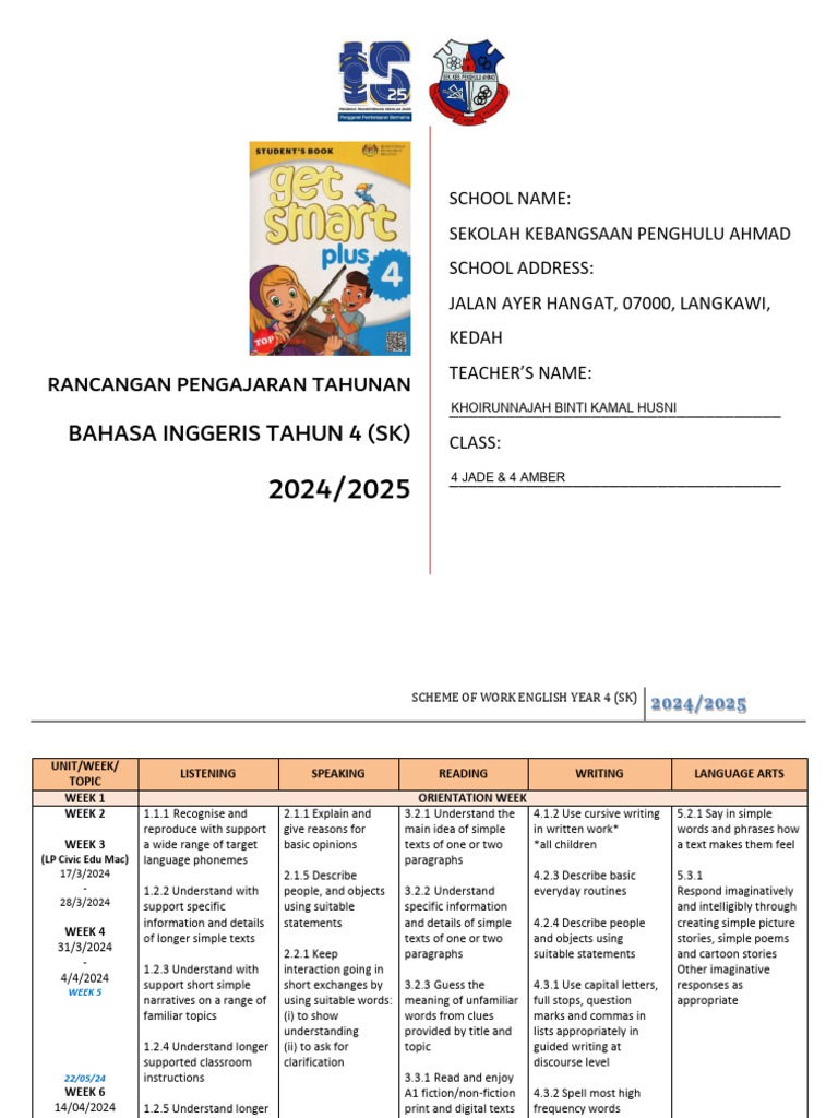 Scheme of Work English Year 4 2024.2025 | PDF