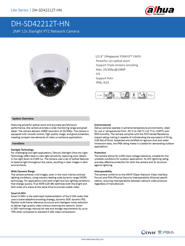 Dahuaネットワークカメラ DH-SD42212TN-HN-S2 I0161】2MP スターライト12倍 ネットワーク耐衝撃防水PTZ ドーム