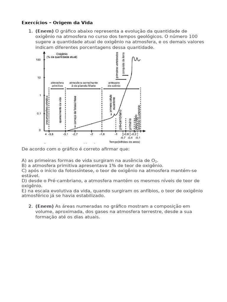 Exercícios sobre a Origem da Vida | PDF | Abiogênese | Oxigênio
