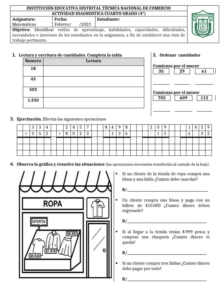 Actividad Diagnostica - Cuarto Grado - Febrero 6 | PDF