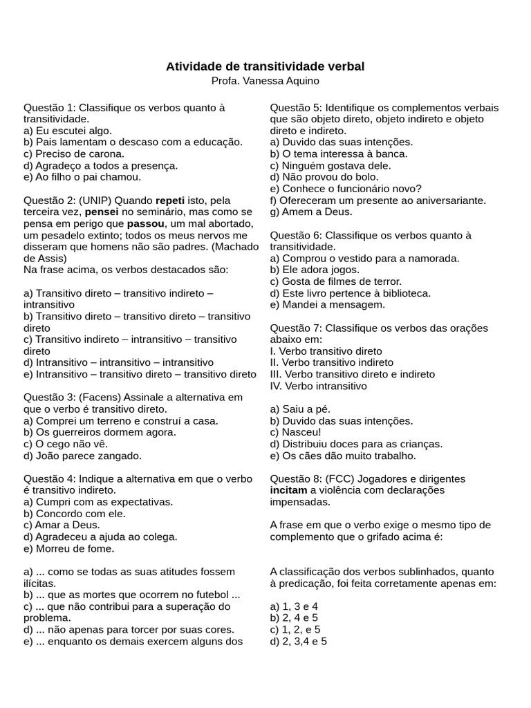 Atividade de Transitividade Verbal | PDF