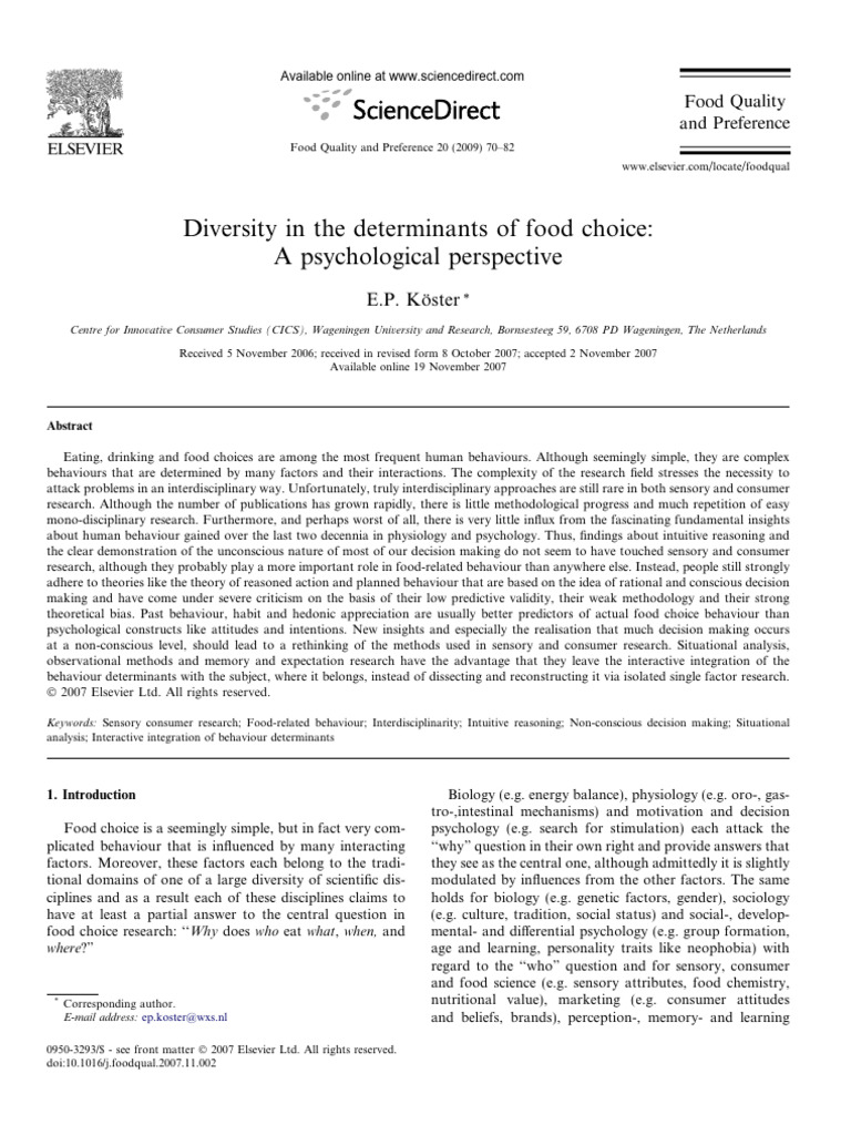 Diversity in The Determinants of Food Choice - KOSTER 2007 | PDF