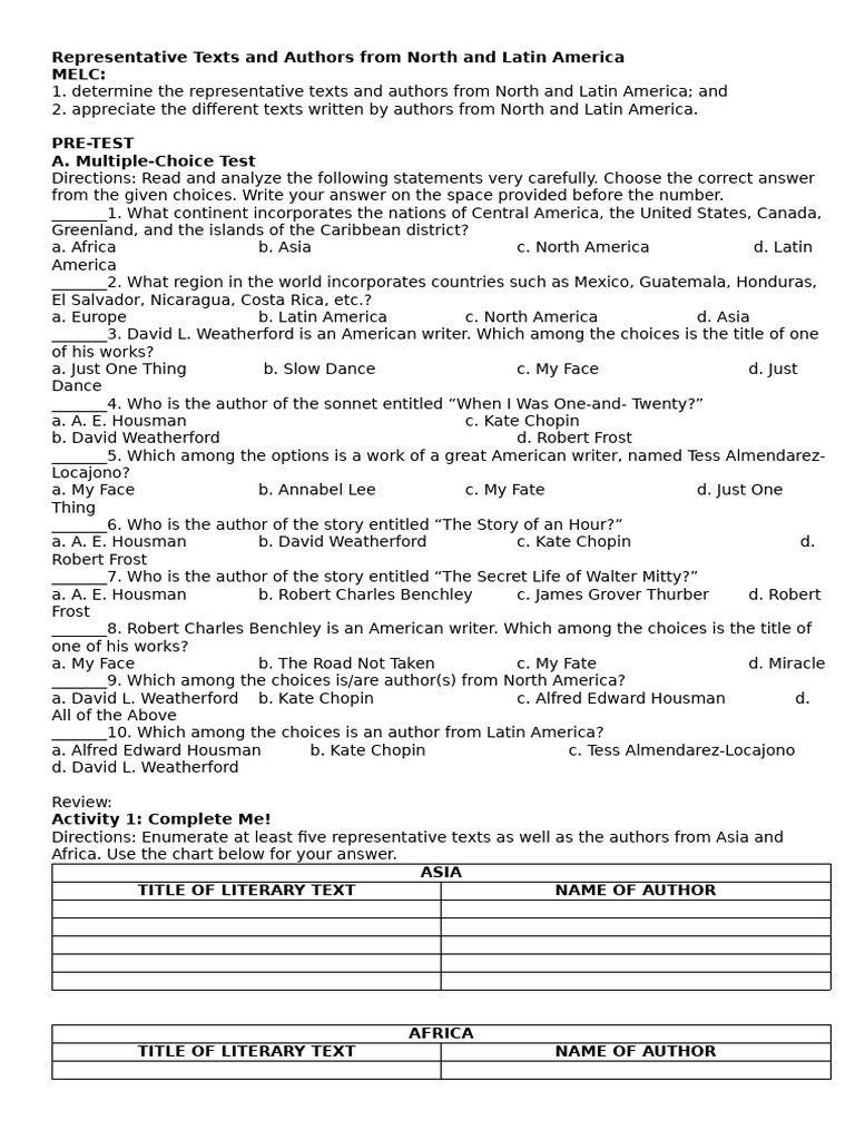 North and Latin American Literature Guide | PDF | Language Arts ...