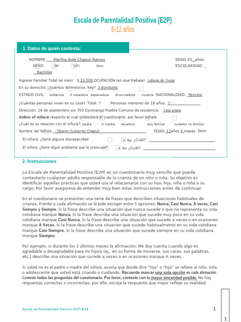 Escala De Parentalidad Positiva De 8 A 12 Años Pdf