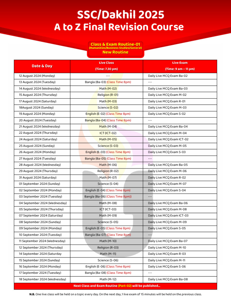 A To Z Final Revision Course: Class & Exam Routine-01 New Routine | PDF