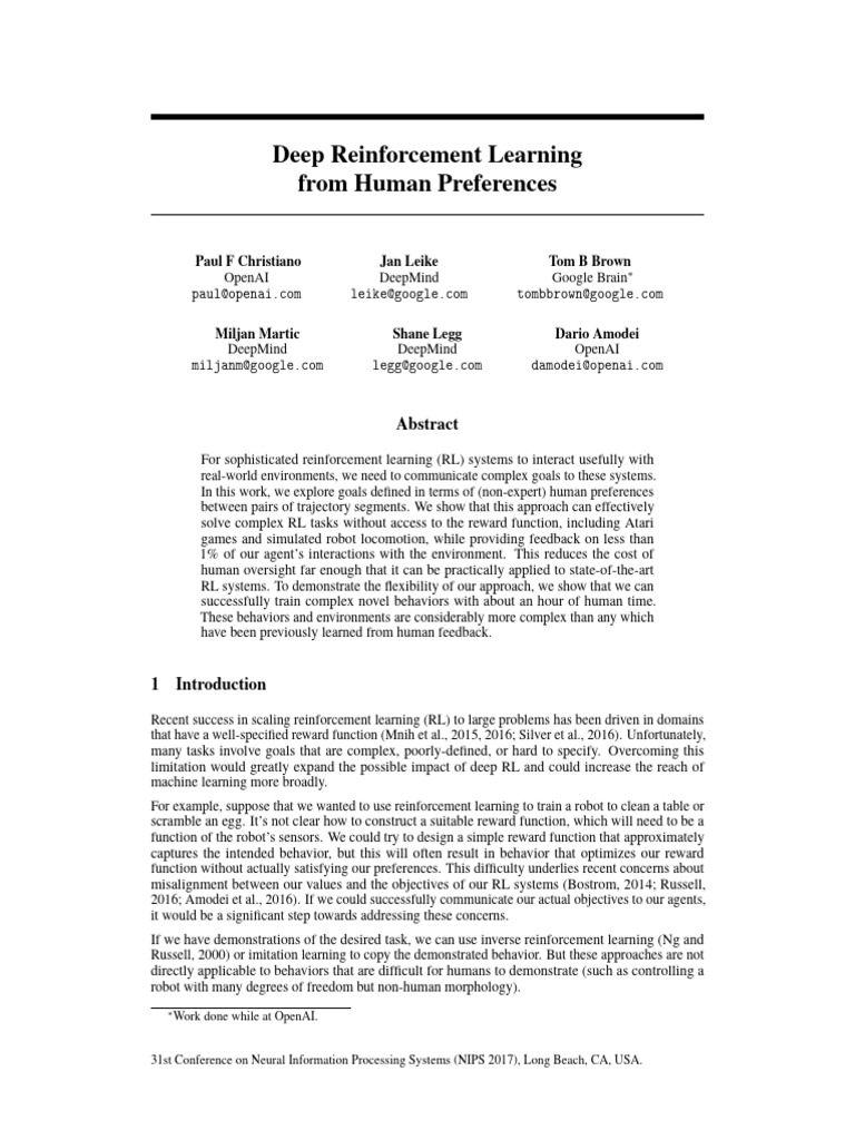 Deep Reinforcement Learning from Human Preferences (深度强化学习来自人类偏好) | PDF ...