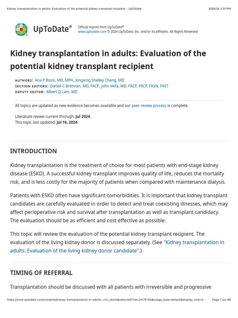 Kidney Transplantation in Adults: Evaluation of The Potential Kidney ...