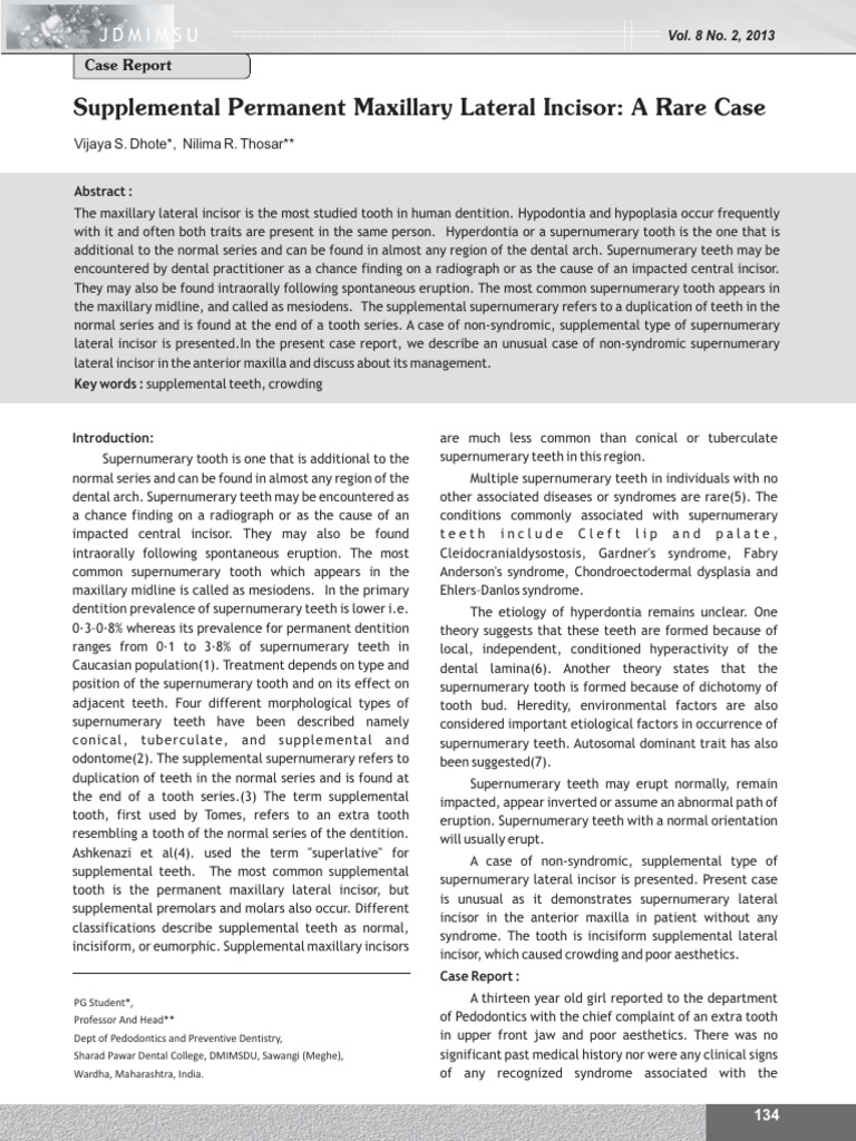 Supplemental Permanent Maxillary Lateral Incisor: A Rare Case | PDF