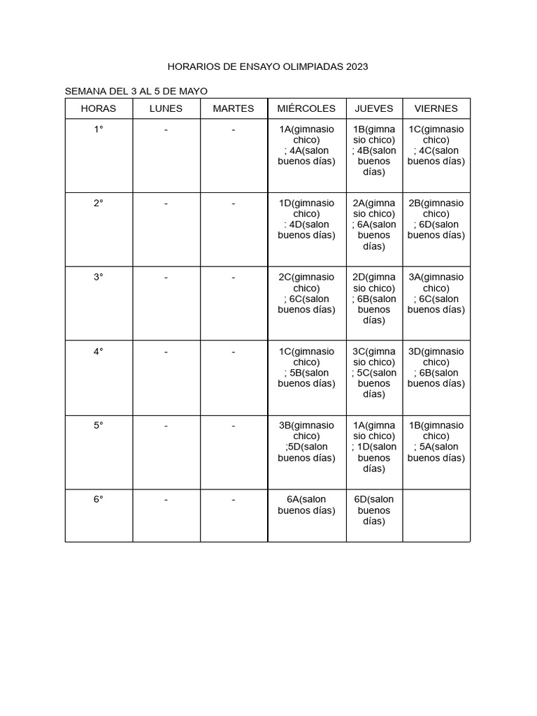 Horarios Ensayo Olimpiadas 2023 | PDF