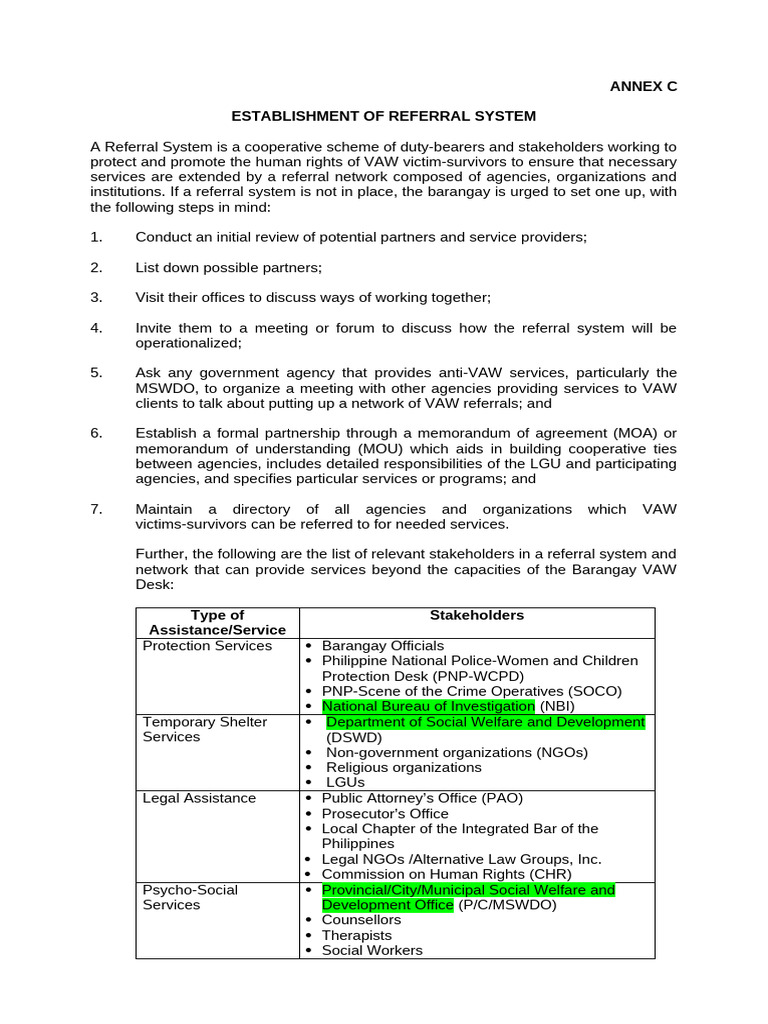 Establishing a VAW Referral System | PDF | Non Governmental ...