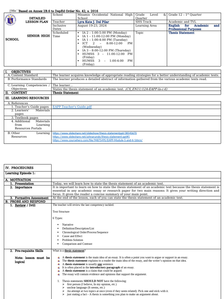 LC 4 - EAPP (Lesson Plan) | PDF