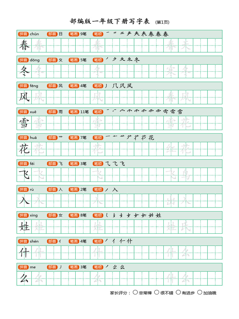 部编版一年级下册写字表 (笔顺、可打印) | PDF
