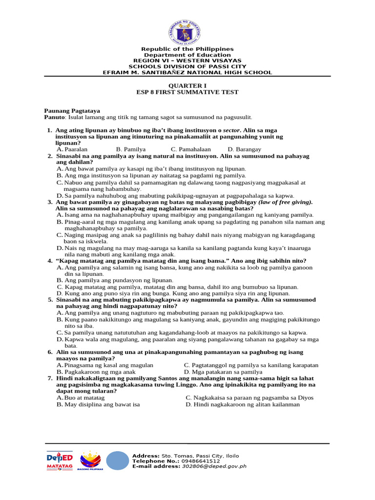 ESP 8 SUMMATIVE TEST Ifdfhjkjyj | PDF
