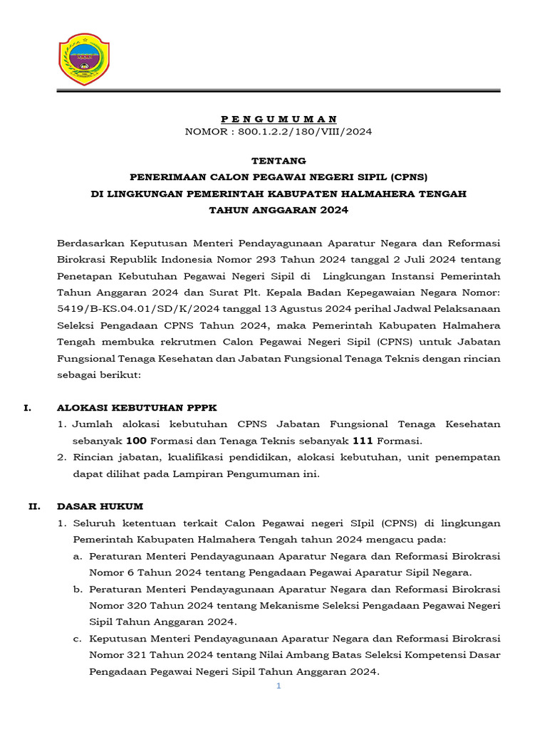 Halteng pengumuman penerimaan cpns tahun 2024 pdf