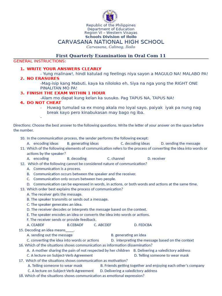 Grade 11 Oral Communication Test Key | PDF | Communication | Human ...