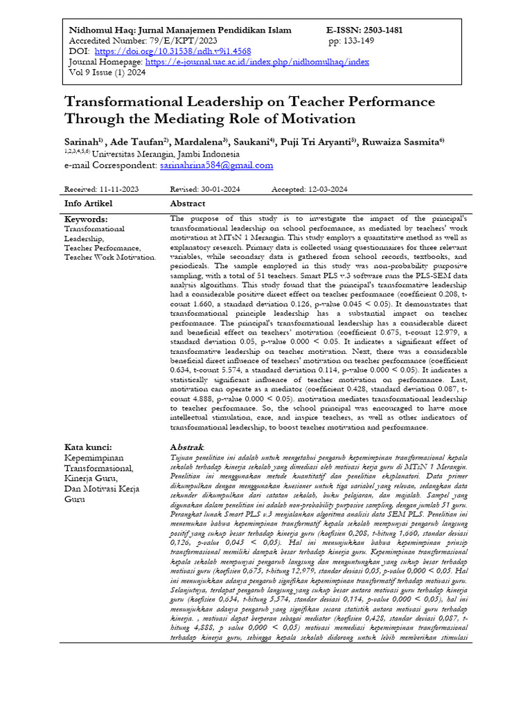 Transformational Leadership On Teacher Performance Through The