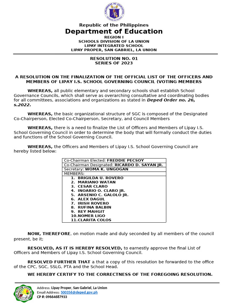 Lipay I.S. SGC Officers Resolution 2023 | PDF | Government | Philippines