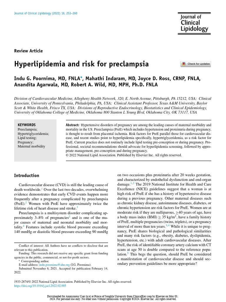Hyperlipidemia and Risk For Preclampsia | PDF