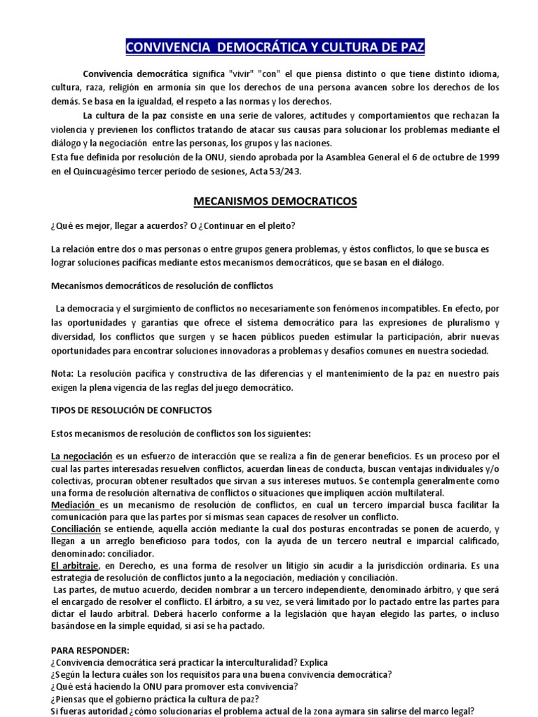 Convivencia Democrática y Cultura de Paz | PDF | Conflicto (proceso ...
