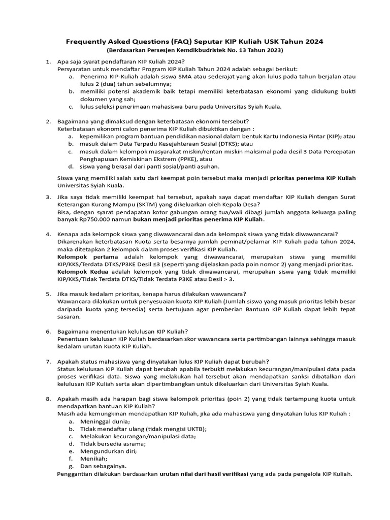Frequently Asked Questions Faq Seputar Kip Kuliah Usk Tahun 2024 Pdf